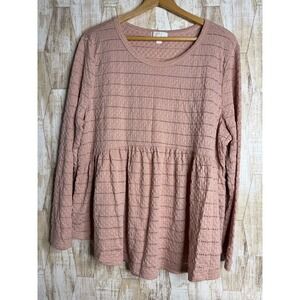 Chance Womens 3X Pink Textured Eyelet Babydoll Top Long Sleeve Peplum